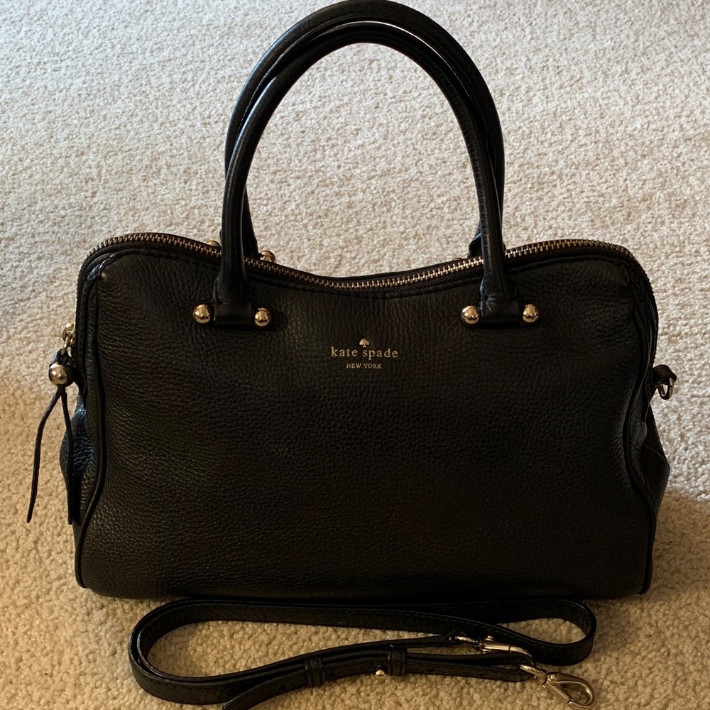 Kate Spade Black Pebbled Leather Satchel Purse with Adjustable Crossbody Strap